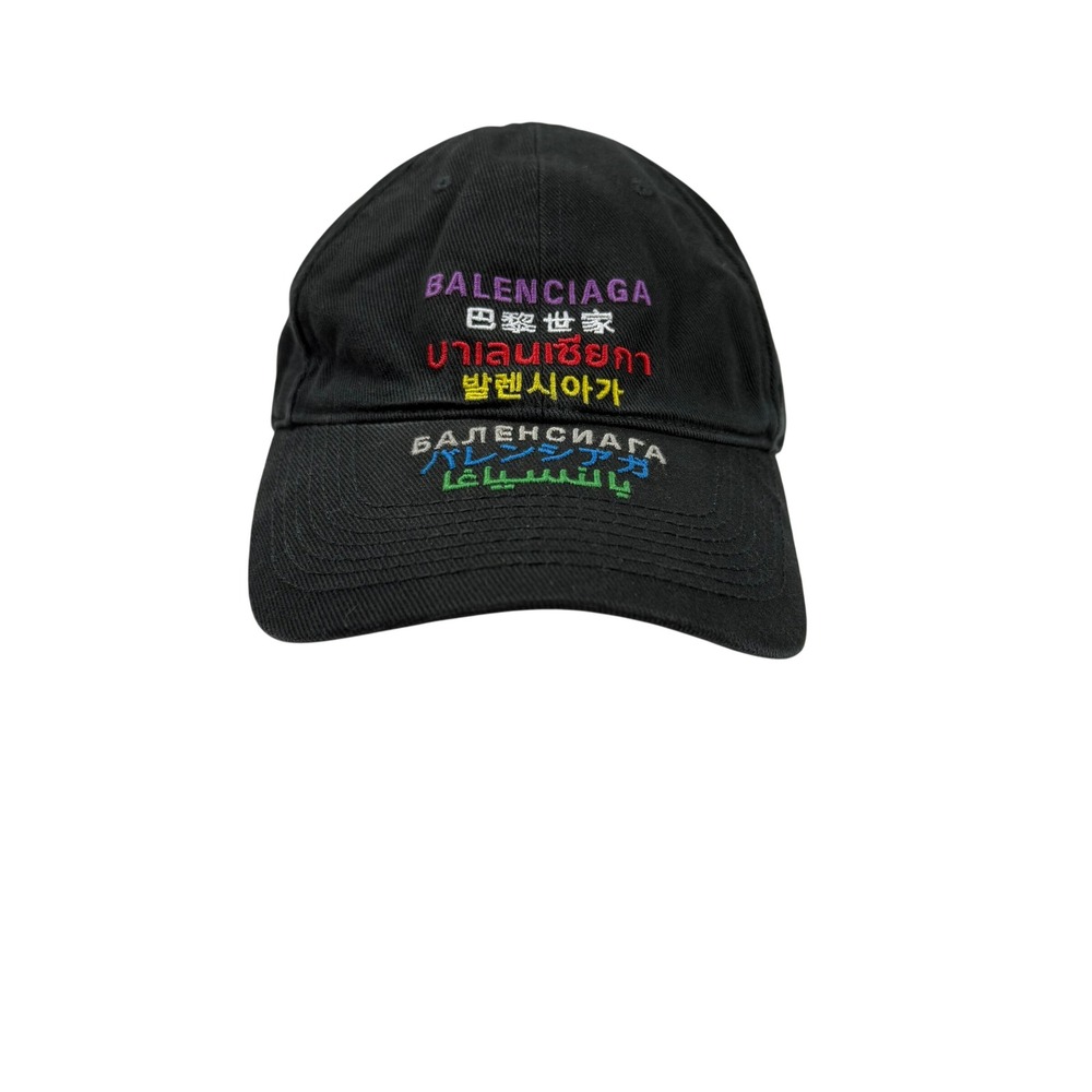 Balenciaga Languages Embroidered Black Cotton Baseball Cap Hat Size L 59cm NEW